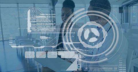 Business professionals reviewing AR data on tablet in office with holographic interface