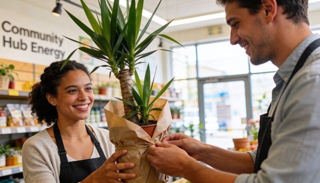 Smiling plant shop staff exchanging wrapped potted palm, small business teamwork at community hub