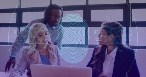 Group of multiethnic professionals discusses project with technological overlay depicting connection and fingerprint symbols, highlighting innovative business practices. Useful for marketing corporate collaboration tools, showcasing futuristic workplaces, or illustrating diversity and technology in professional settings.
