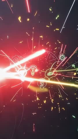 Converging Neon Beams Sparking Lightbulb and Brain Cluster in Futuristic Neural Explosion