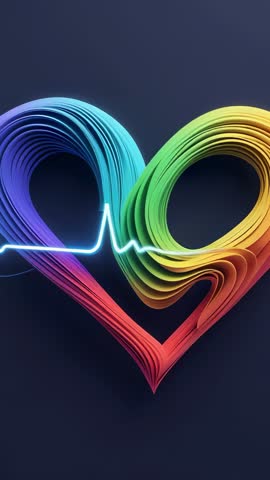 Vertical video showing neon ECG line pulsing through rainbow ribbon heart, futuristic heartbeat