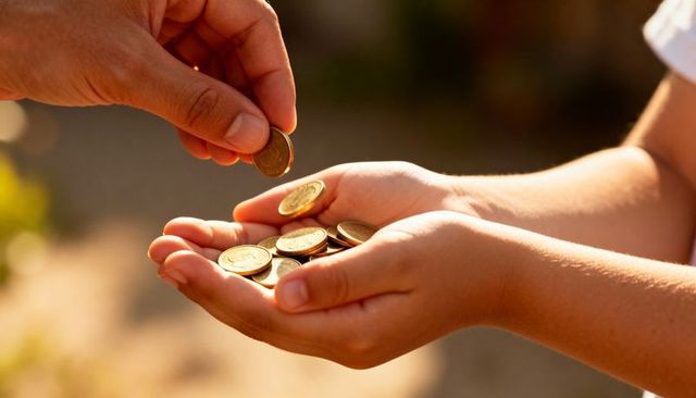 Adult giving coins to child cupped hands close-up golden coin donation concept