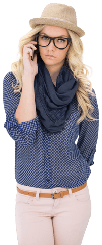 Trendy Blonde Woman Transparent on Phone with Fashionable Hat