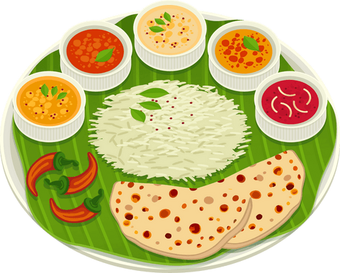 Vibrant south indian meal on banana leaf with transparency