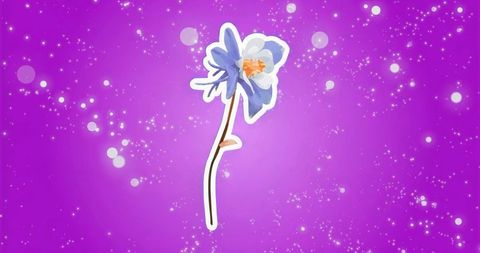 Blue white floral sticker floating on sparkling purple background with bokeh lights