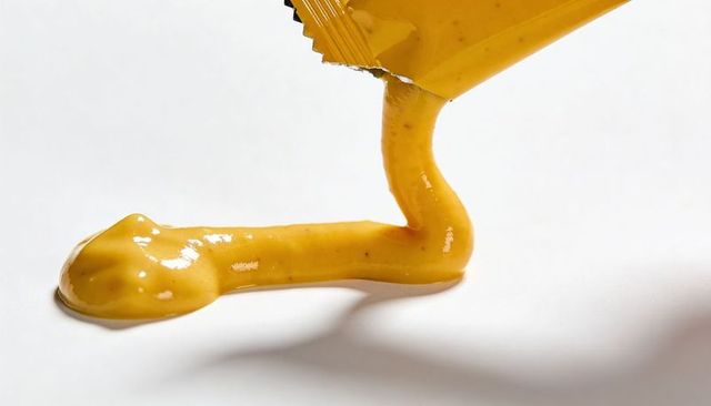 Close-up pouring mustard from torn packet, glossy dollop on white surface, viscous ribbon