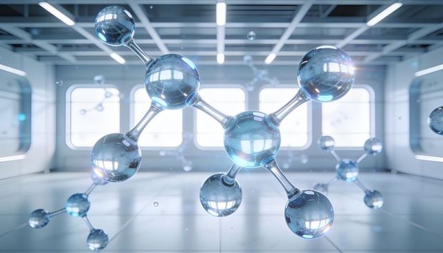 Rotating translucent molecular model glowing in futuristic lab with glossy spheres