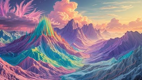 Vibrant Fantasy Mountains with Radiant Peaks and Fantasy Clouds
