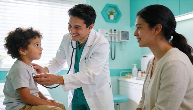 Smiling pediatrician listening to young child with stethoscope during clinic checkup