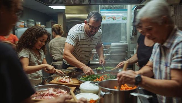 Volunteers preparing meals in busy community kitchen for charity and teamwork