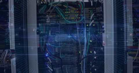 Modern data center server rack with glowing cables and leds
