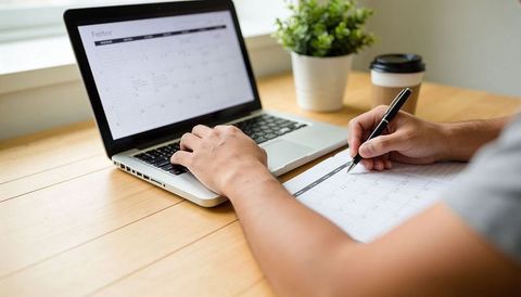 Typing and writing calendar planning on laptop and paper planner for home productivity
