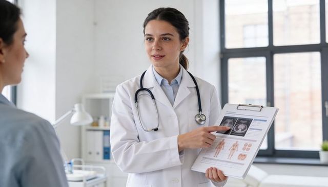 Female physician explaining ct results to patient, pointing at diagnostic charts in clinic