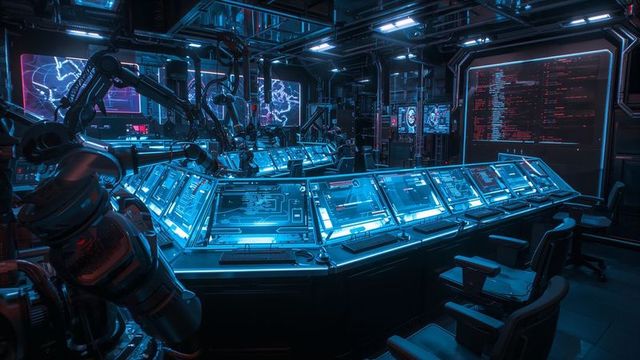 Futuristic robotic control room with blue led displays