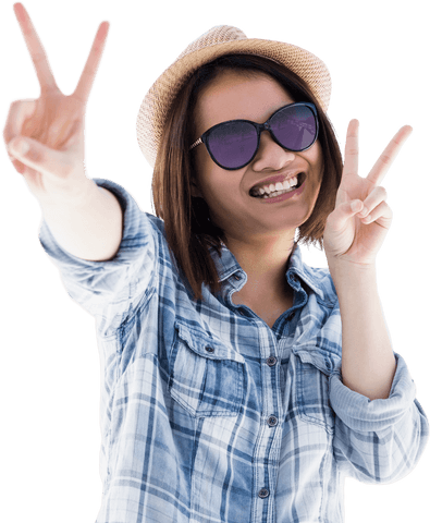 Happy Woman with Double Peace Sign, Hat and Sunglasses, Transparent Background