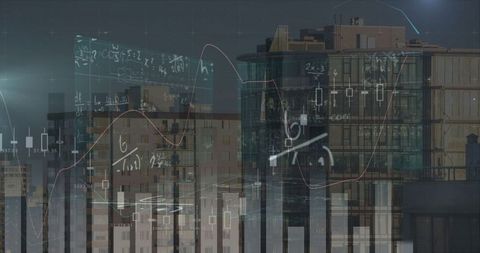 Financial data processing over cityscape with mathematical equations