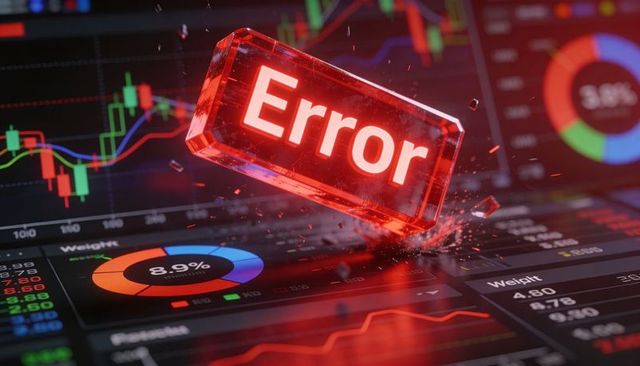 Red Error Alert Crashing Financial Dashboard with Shards, Candlestick Charts, Donut 8.9%