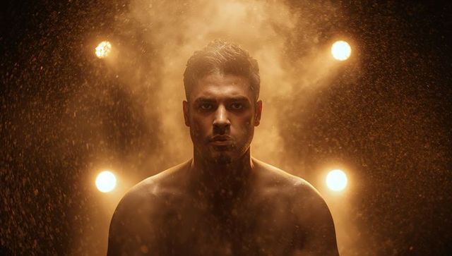 Dramatic backlit male model portrait with halo spotlights and cinematic haze