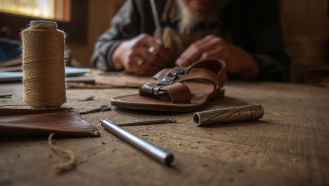 Craftsman stitching leather sandal on rustic wooden bench with cobbler tools and spool