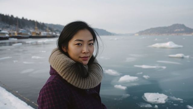 Woman standing on snowy harbor wearing cozy scarf and coat, icy waterfront portrait, contemplative