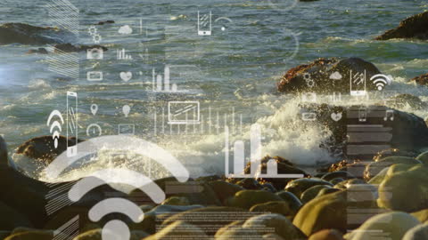 Data Visualization Animations Over Ocean Waves Hitting Rocks