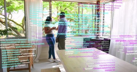 Colleagues Collaborating Using Augmented Reality Overlay Wearing Masks in Sunlit Workspace