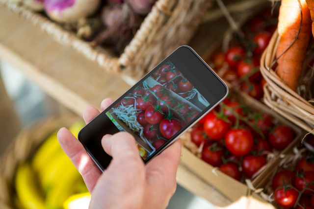 Hand holding smartphone capturing image of fresh cherry tomatoes in organic section of supermarket. Ideal for use in articles about healthy eating, organic produce, grocery shopping, food photography, and technology in daily life.