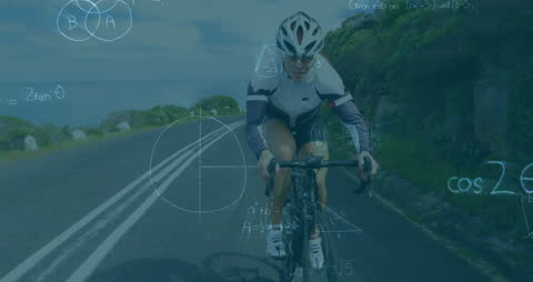 Female Cyclist on Road with Mathematical Overlay Illustrations