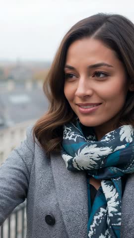 Woman leaning on balcony railing gazing at city view with patterned scarf | Vertical video