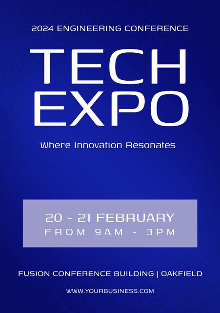This design showcases a poster for the 2024 Engineering Conference's Tech Expo. It features bold, modern typography and contrasting colors that highlight key information like event dates, timing, and venue. It is perfect for promoting technology events, fostering networking opportunities among professionals, and encouraging innovation in the tech industry. This poster can be used in social media promotions, newsletters, and event banners.