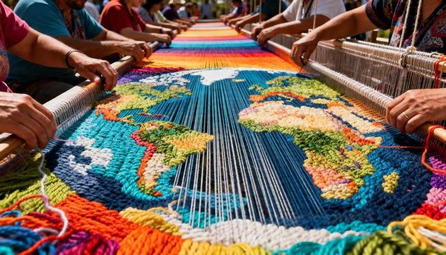 Weaving collaborative world map tapestry on outdoor loom with bright multicolor yarn