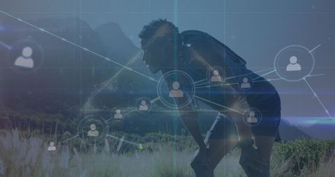 Digital Network Overlay on Male Hiker in Wilderness