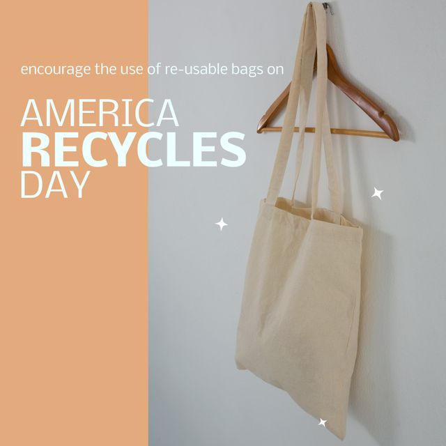 Composition of america recycles day text with tote bag on white and orange background. America recycles day and celebration concept digitally generated image.