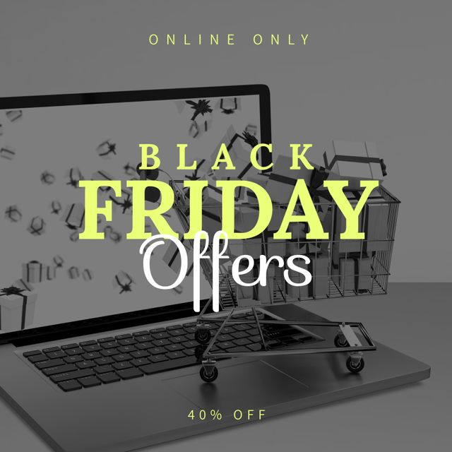 Image of a laptop screen with floating presents symbolizing online shopping deals. Great for promoting Black Friday sales, online shopping events, and discount offers.