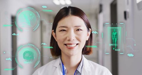 Asian Female Doctor Smiling with Medical Holographic Data Overlay
