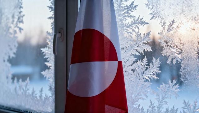 Red white circle flag hanging by frosted window catching low winter sunlight