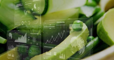 Fresh green beans with futuristic data visualization dashboard