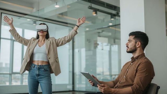 Professional Exploring VR Simulation in Modern Office with Colleague
