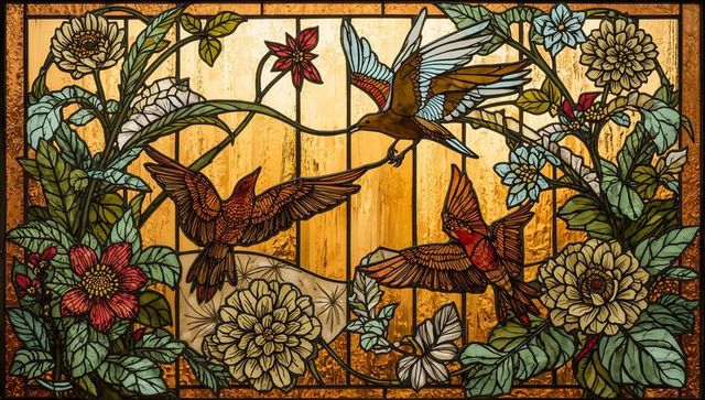 Intricate stained glass with birds and floral designs illuminated