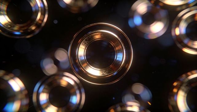 Polished metallic rings reflecting warm gold and cool blue light with bokeh macro