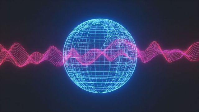 Futuristic wireframe globe with pink waveform in digital space