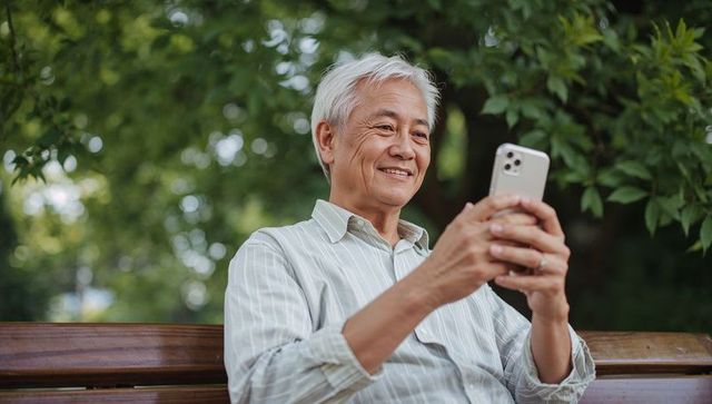 Senior asian man smiling using smartphone on wooden park bench, retirement lifestyle