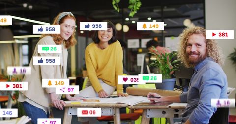 Team Collaborates with Social Media Engagement Insights Overlay