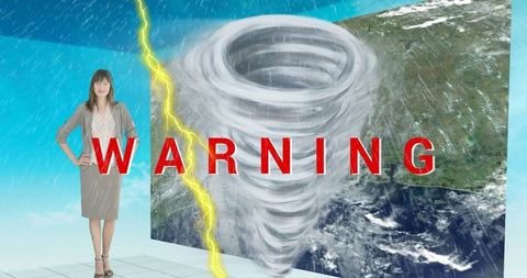 Meteorologist presenting severe weather warning with tornado and lightning graphics
