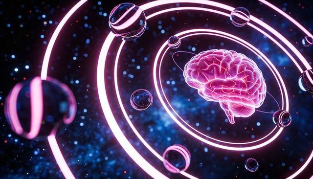 Neon brain floating within concentric orbiting rings over cosmic digital starfield