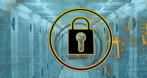 Padlock Icon Over Secure Server Room Network and Data Processing