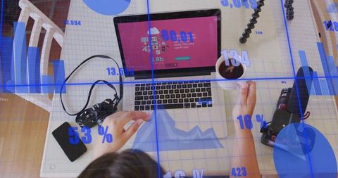 Content creator workspace showing laptop dslr camera coffee cup and digital analytics