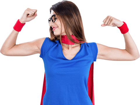 Confident superhero woman flexing in transparent background
