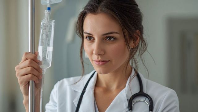 Female doctor holding iv pole checking infusion bag with stethoscope clinical portrait