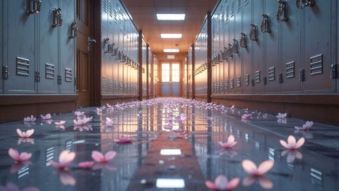 Sunlit School Hallway with Blossom Petals and Reflections